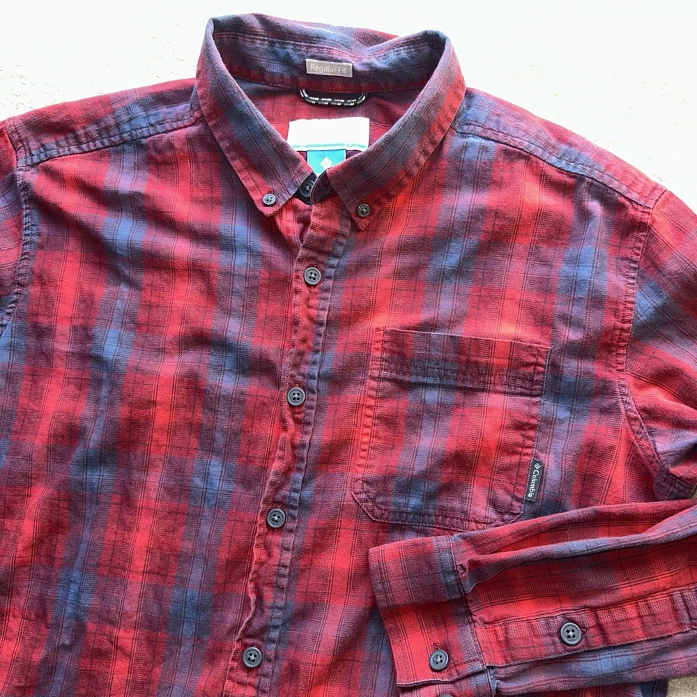 Columbia Plaid Stretch Cotton Long Sleeve Button Down Red Blue Men's Large L
